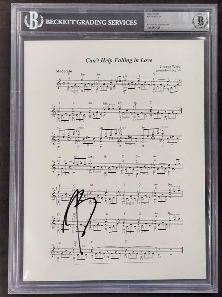 Signed Elvis Movie Sheet Music by Austin Butler with Beckett Authentication 8.5x11: Signed Elvis Movie Sheet Music by Austin Butler with Beckett Authentication 8.5x11 This original 8.5x11 song sheet for "Can't Help Falling in Love" from the movie Elvis is hand signed by Austin Butler