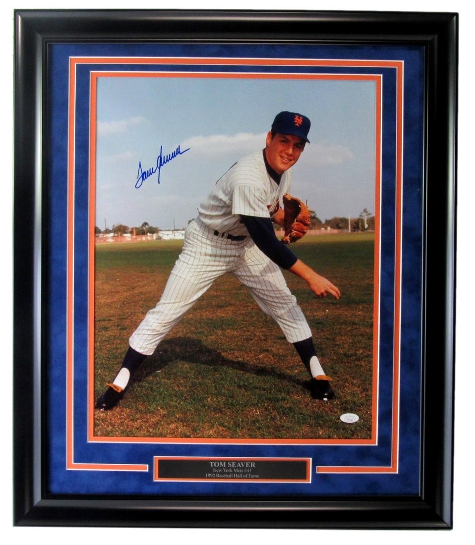 Framed 16x20 Tom Seaver Mets signed photo JSA authenticated: Framed 16x20 Tom Seaver Mets signed photo JSA authenticated This framed 16x20 photograph features the autograph of Hall of Famer Tom Seaver from the New York Mets. The photo is authenticated by James 