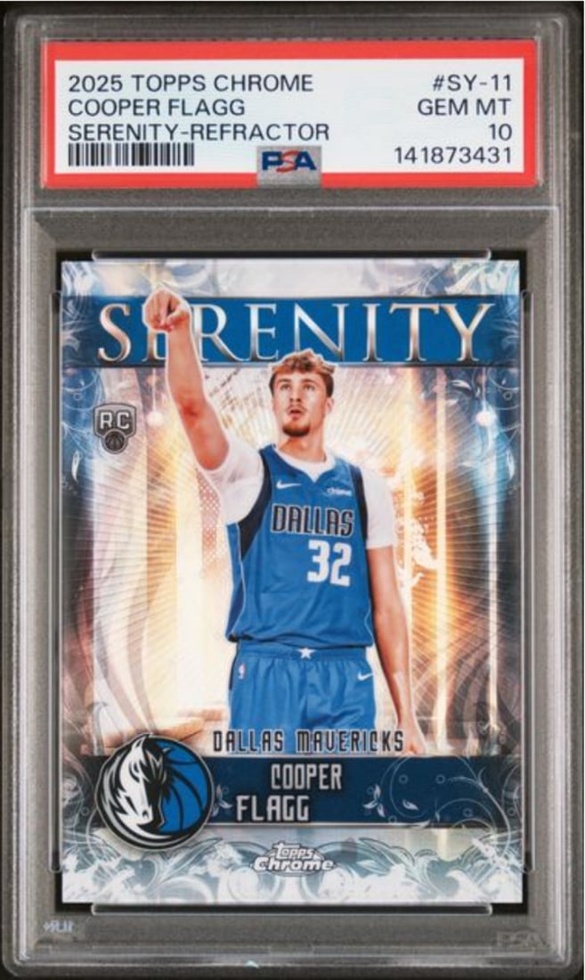 PSA 10 Serenity Refractor Rookie Card 2025 Cooper Flagg SY11: PSA 10 Serenity Refractor Rookie Card 2025 Cooper Flagg SY11 This is a 2025 Topps Chrome Cooper Flagg SY11 Serenity Refractor Rookie Card, graded PSA 10 by Professional Sports Authenticator (PSA). The