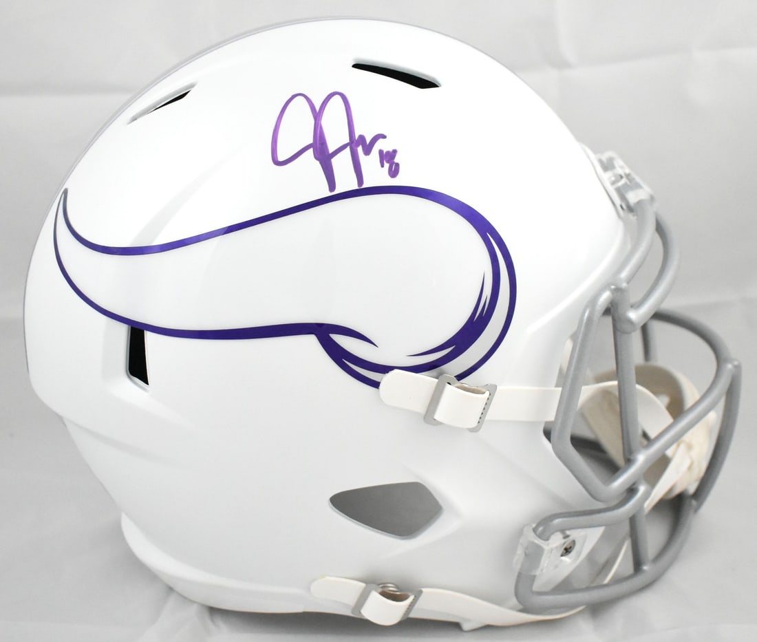 Justin Jefferson Signed Minnesota Vikings Speed Helmet Beckett Holo: Justin Jefferson Signed Minnesota Vikings Speed Helmet Beckett Holo This is a pre-owned Minnesota Vikings full-size alternate speed helmet autographed by Justin Jefferson. The helmet is an original it