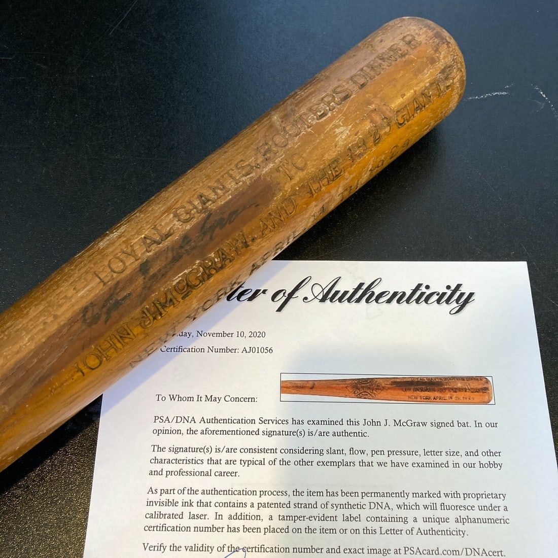 1929 John McGraw Signed Spalding Baseball Bat PSA DNA LOA: 1929 John McGraw Signed Spalding Baseball Bat PSA DNA LOA This is a remarkable 1929 John McGraw Single Signed Spalding Baseball Bat, authenticated by PSA/DNA. The bat features the engraved barrel text