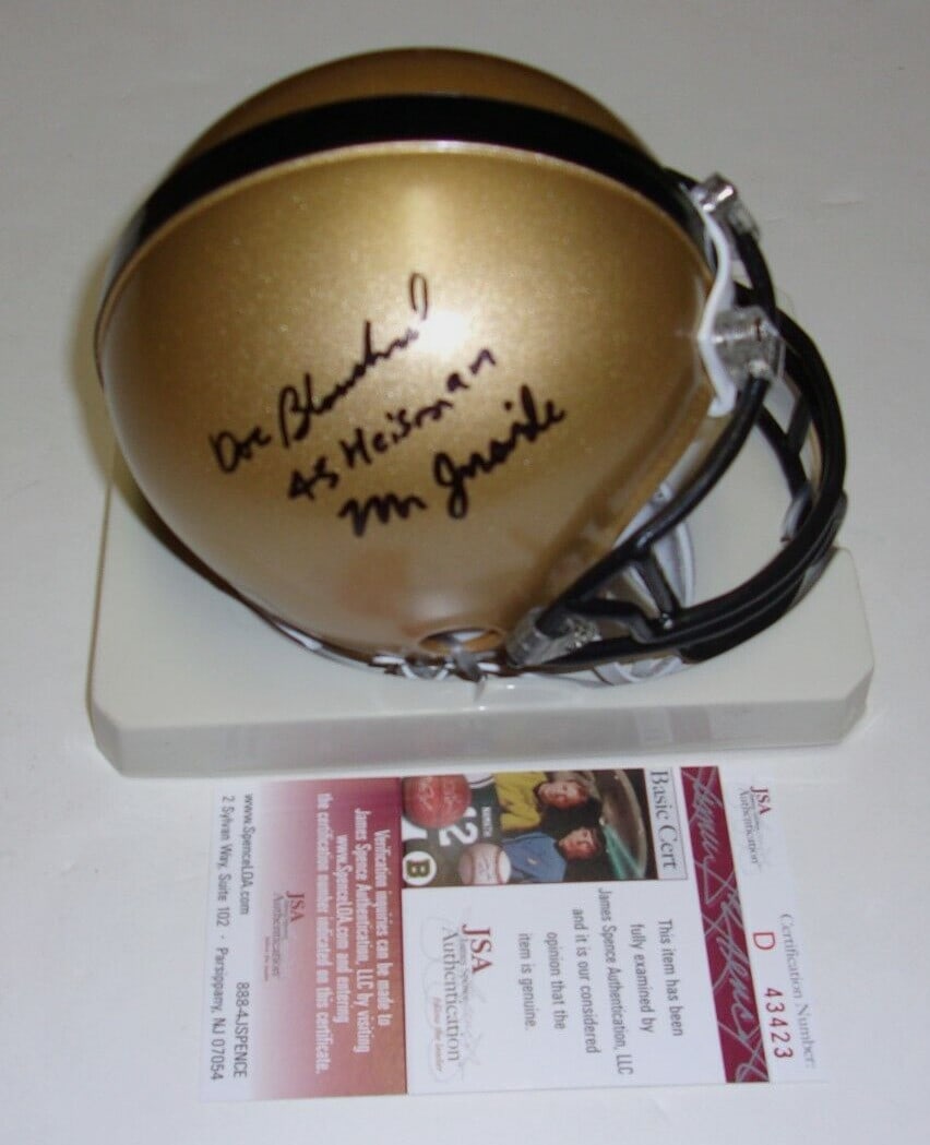 Doc Blanchard Signed Mini Helmet Army Black Knights Heisman JSA COA: Doc Blanchard Signed Mini Helmet Army Black Knights Heisman JSA COA This authentic mini helmet features the signature of Doc Blanchard, a legendary player from the Army Black Knights, who won the Heis