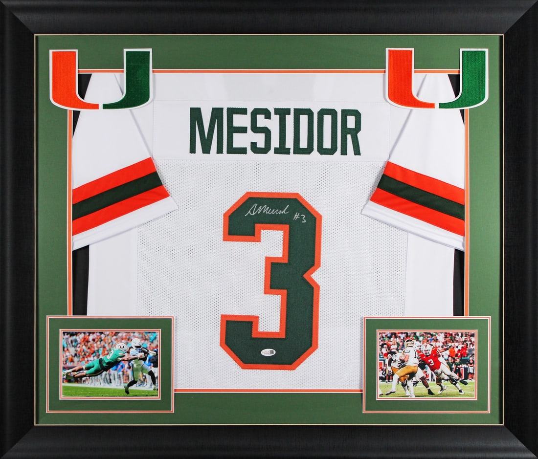 Framed White Pro Style Jersey Signed by Akheem Mesidor JSA Witness: Framed White Pro Style Jersey Signed by Akheem Mesidor JSA Witness This autographed white pro style framed jersey has been personally signed by Akheem Mesidor of the Miami Hurricanes. It is an origina