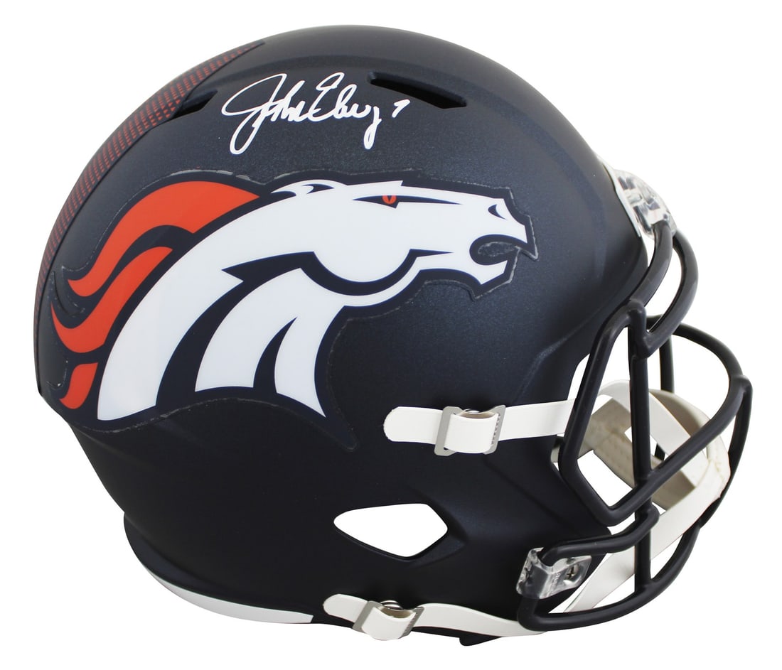 John Elway Autographed Denver Broncos Full Size Speed Replica Helmet BAS Witnessed: John Elway Autographed Denver Broncos Full Size Speed Replica Helmet BAS Witnessed This authentic Riddell full size Speed Replica helmet has been personally signed by John Elway of the Denver Broncos.