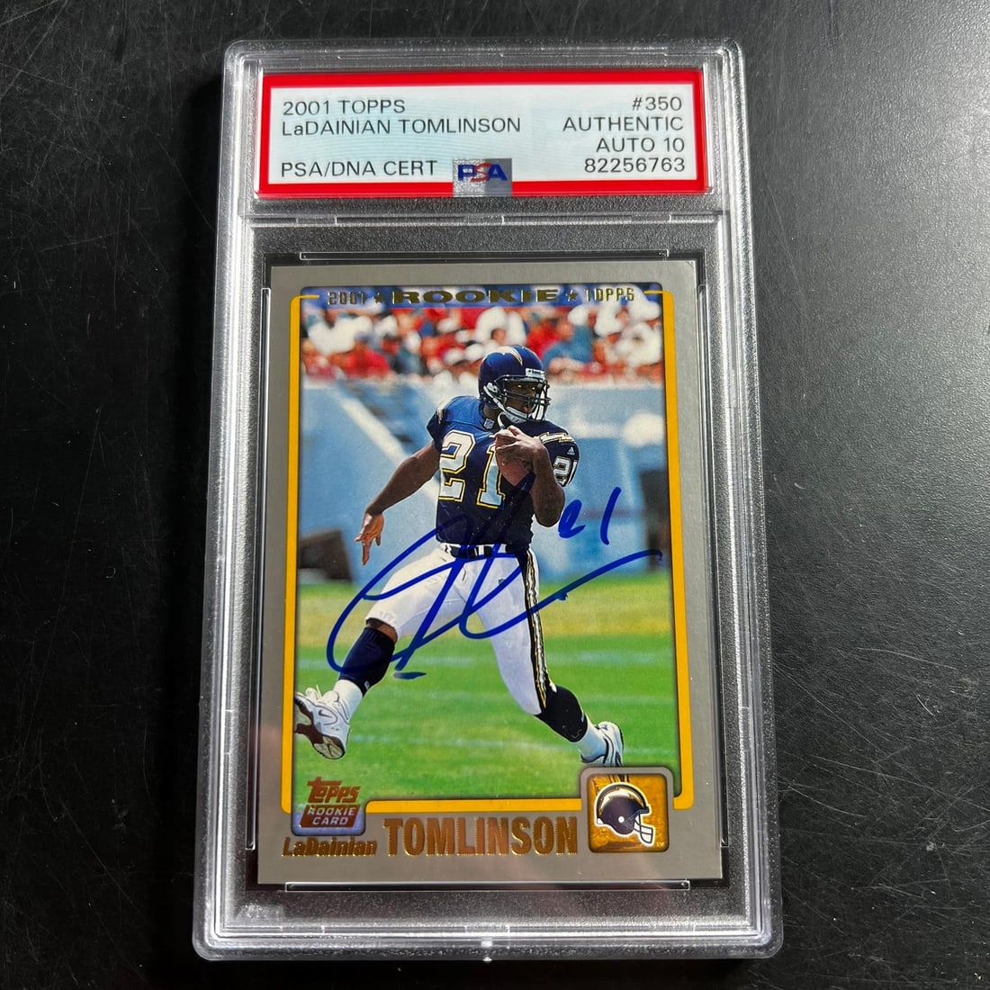 LaDainian Tomlinson signed 2001 Topps 350 PSA DNA Auto 10 football card: LaDainian Tomlinson signed 2001 Topps 350 PSA DNA Auto 10 football card This is a 2001 Topps #350 football card signed by LaDainian Tomlinson, who played for the San Diego Chargers. The autograph has 