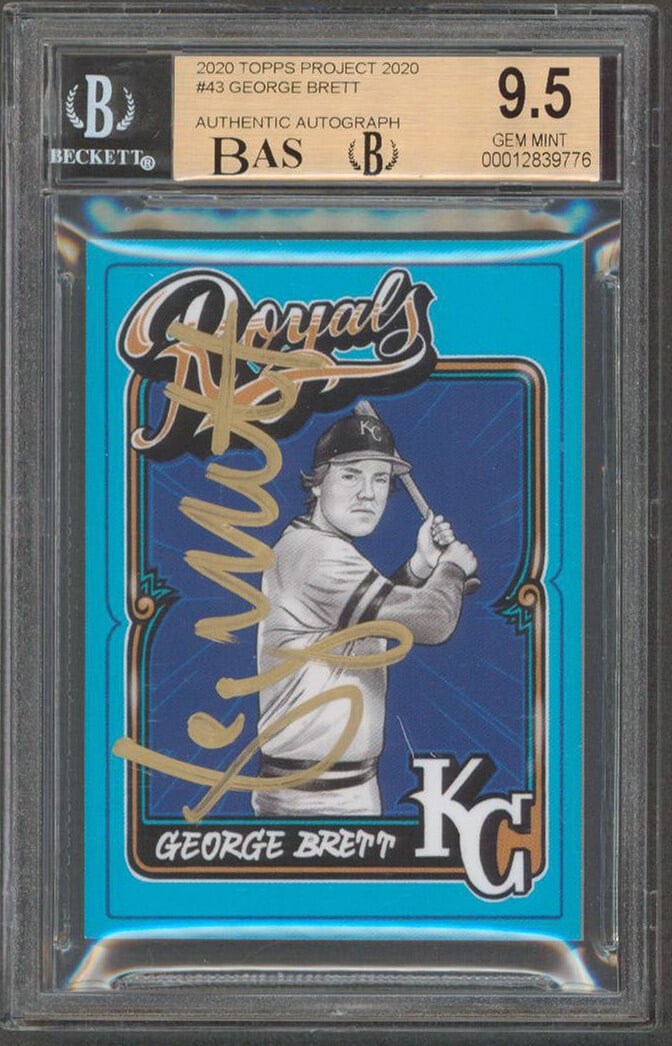 George Brett Signed 2020 Topps Project 2020 #43 Card Gem Mint 9.5 Auto 8 Beckett Authenticated: George Brett Signed 2020 Topps Project 2020 #43 Card Gem Mint 9.5 Auto 8 Beckett Authenticated Celebrate the legacy of George Brett with this autographed 2020 Topps Project 2020 #43 card, graded Gem M
