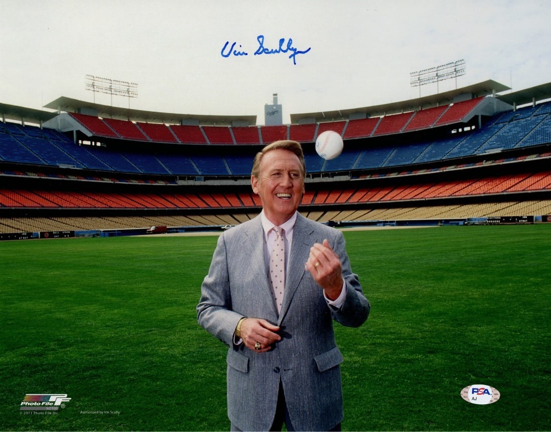 Vin Scully Autographed 11X14 Photo PSA Authenticated Dodgers: Vin Scully Autographed 11X14 Photo PSA Authenticated Dodgers Celebrate the legacy of baseball with this authentic autographed 11X14 photo of Vin Scully at Dodger Stadium. A cherished piece for any Los