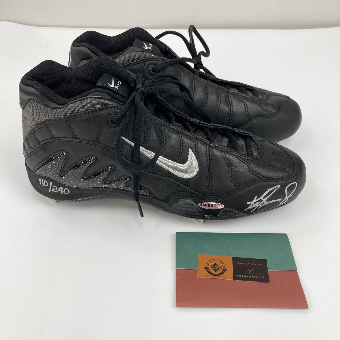 Nike Baseball Cleats Autographed by Ken Griffey Jr with Upper Deck COA: Nike Baseball Cleats Autographed by Ken Griffey Jr with Upper Deck COA These Nike baseball cleats have been personally signed by Ken Griffey Jr. and come with authentication from Upper Deck, including