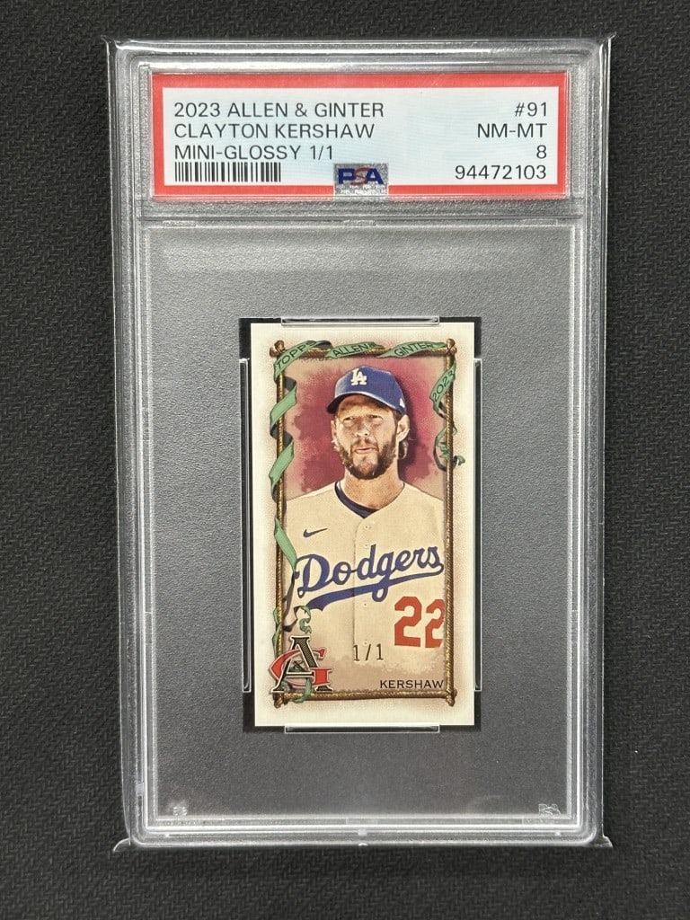 Clayton Kershaw 2023 Topps Allen & Ginter Mini PSA 8 Dodgers #91: Clayton Kershaw 2023 Topps Allen & Ginter Mini PSA 8 Dodgers #91 This collectible 2023 Topps Allen & Ginter Glossy Mini baseball card features Clayton Kershaw, a star player for the Los Angeles Dodger
