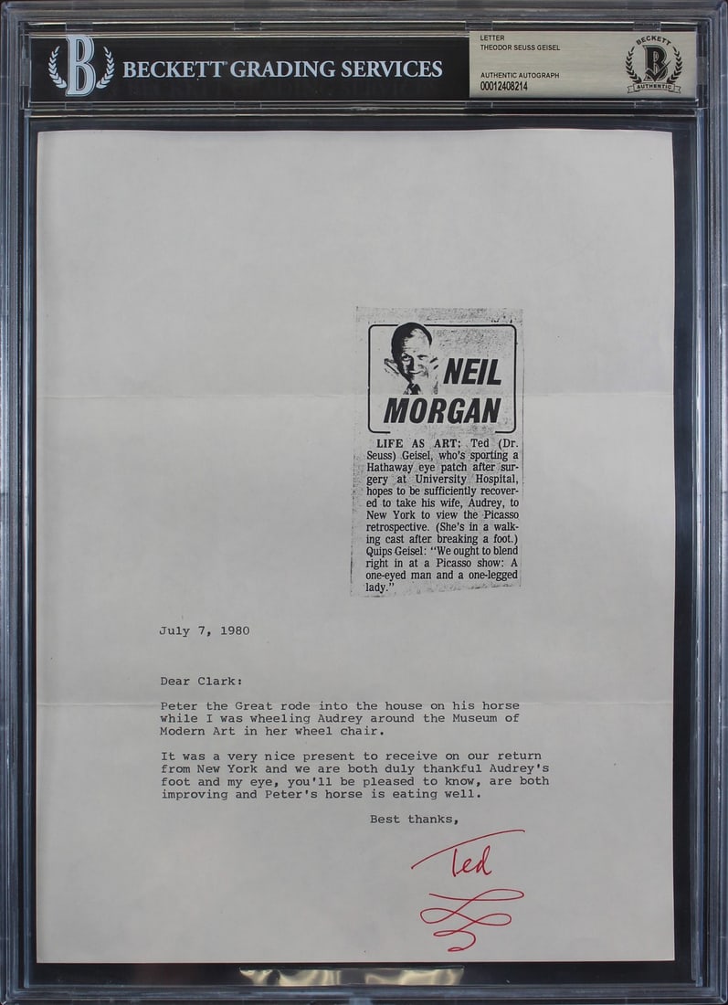 Dr Seuss Signed Letter July 7 1980 Authentic Beckett Slabbed (1 of 2)