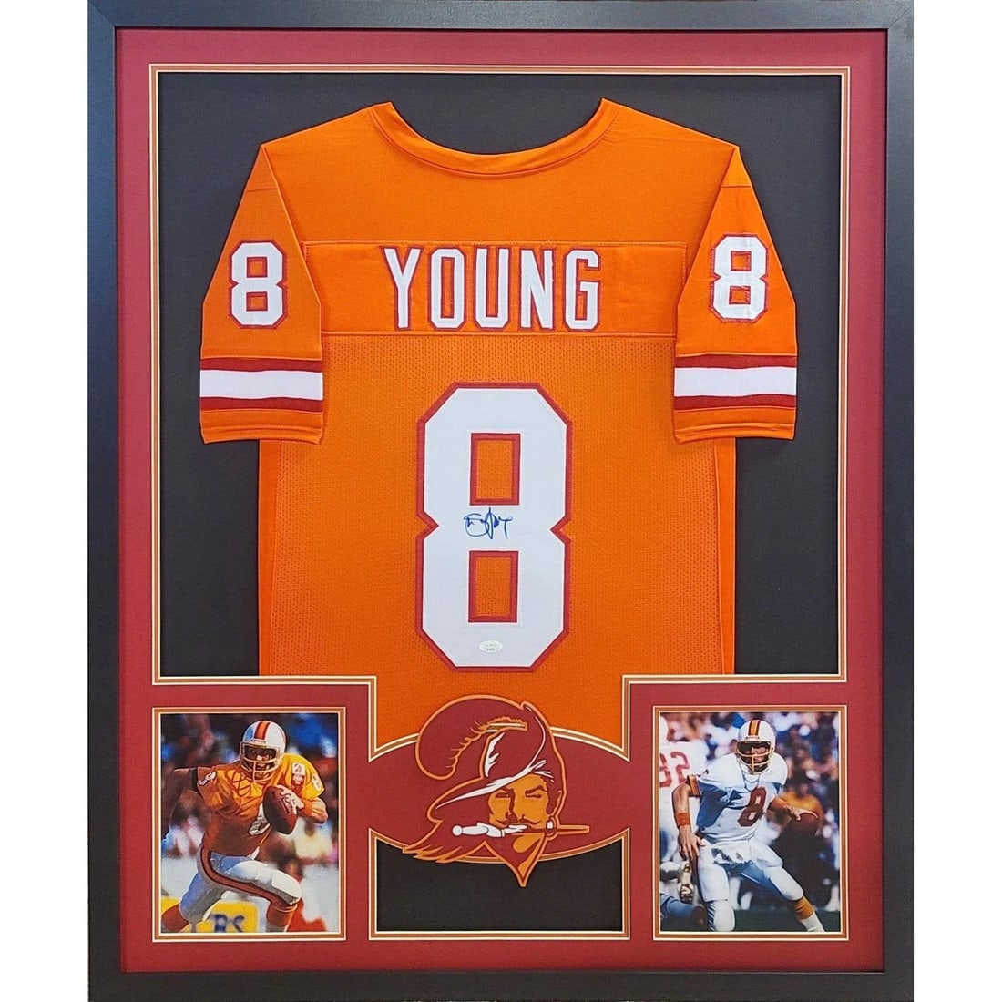Steve Young Autographed Framed Jersey TB Buccaneers JSA Certified: Steve Young Autographed Framed Jersey TB Buccaneers JSA Certified This autographed Steve Young framed jersey is a must-have for any fan of the Tampa Bay Buccaneers. The jersey features a detailed logo