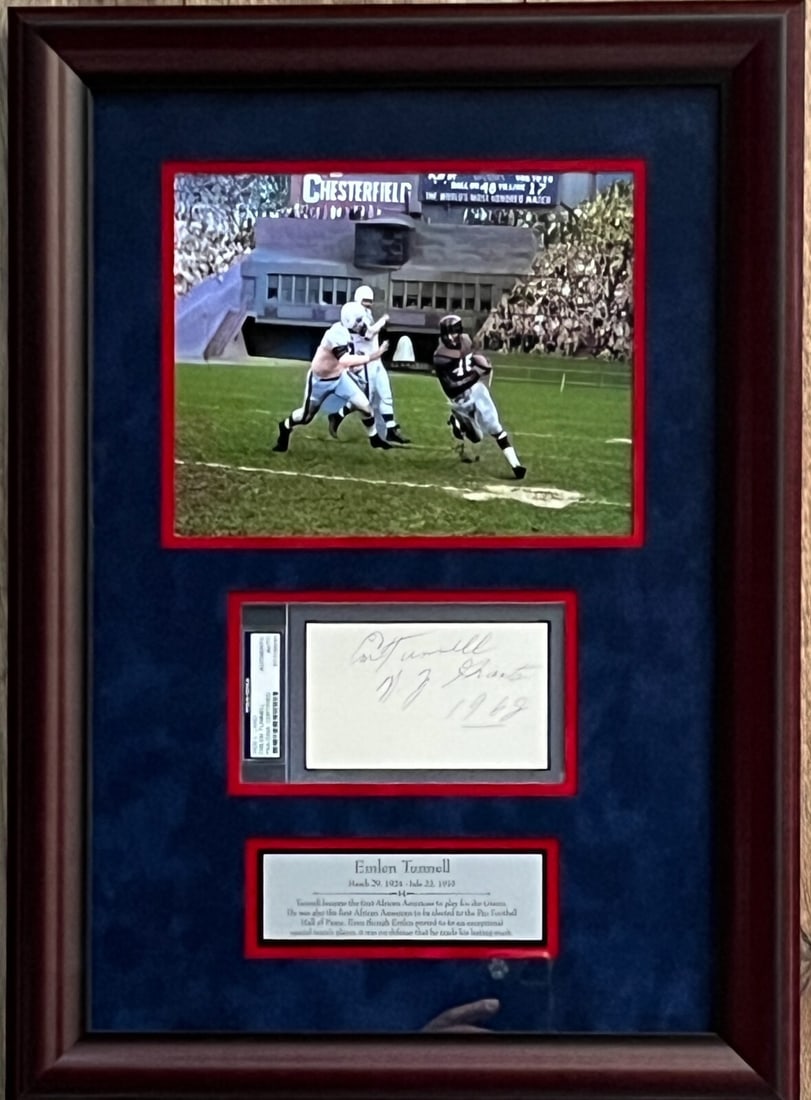 Emlen Tunnell Signed Index Card Display Framed PSA Authenticated: Emlen Tunnell Signed Index Card Display Framed PSA Authenticated This custom framed display features an original signed index card by Emlen Tunnell, a Hall of Famer and the first African-American play