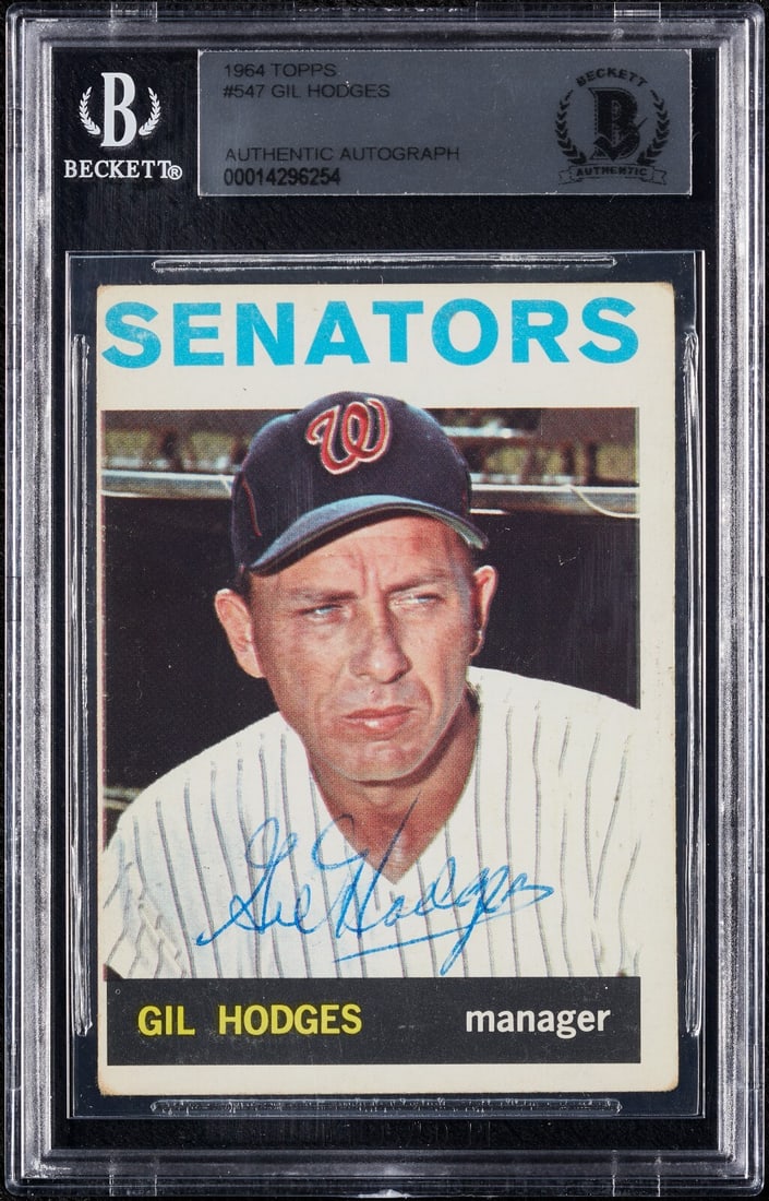 Gil Hodges 1964 Topps #547 Signed Baseball Card BGS Certified: Gil Hodges 1964 Topps #547 Signed Baseball Card BGS Certified This is a signed 1964 Topps trading card featuring Hall of Famer Gil Hodges, card No. 547. The autograph is authenticated by Beckett Authe