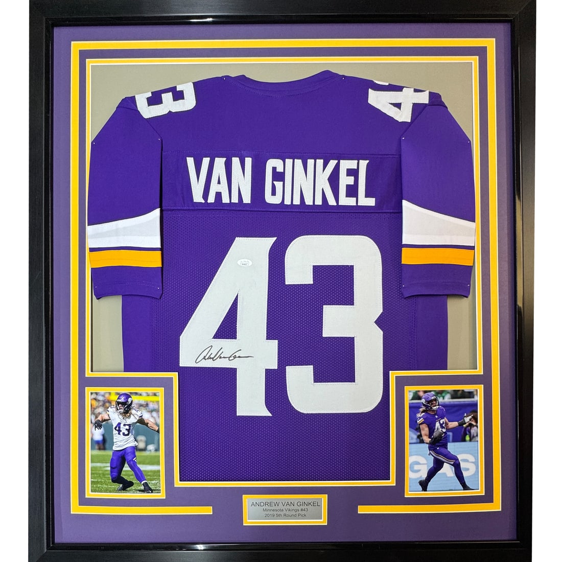Andrew Van Ginkel Signed Vikings Jersey Framed Display with JSA Authentication 35x39: Andrew Van Ginkel Signed Vikings Jersey Framed Display with JSA Authentication 35x39 This professionally framed Andrew Van Ginkel purple football jersey has been autographed and authenticated by James
