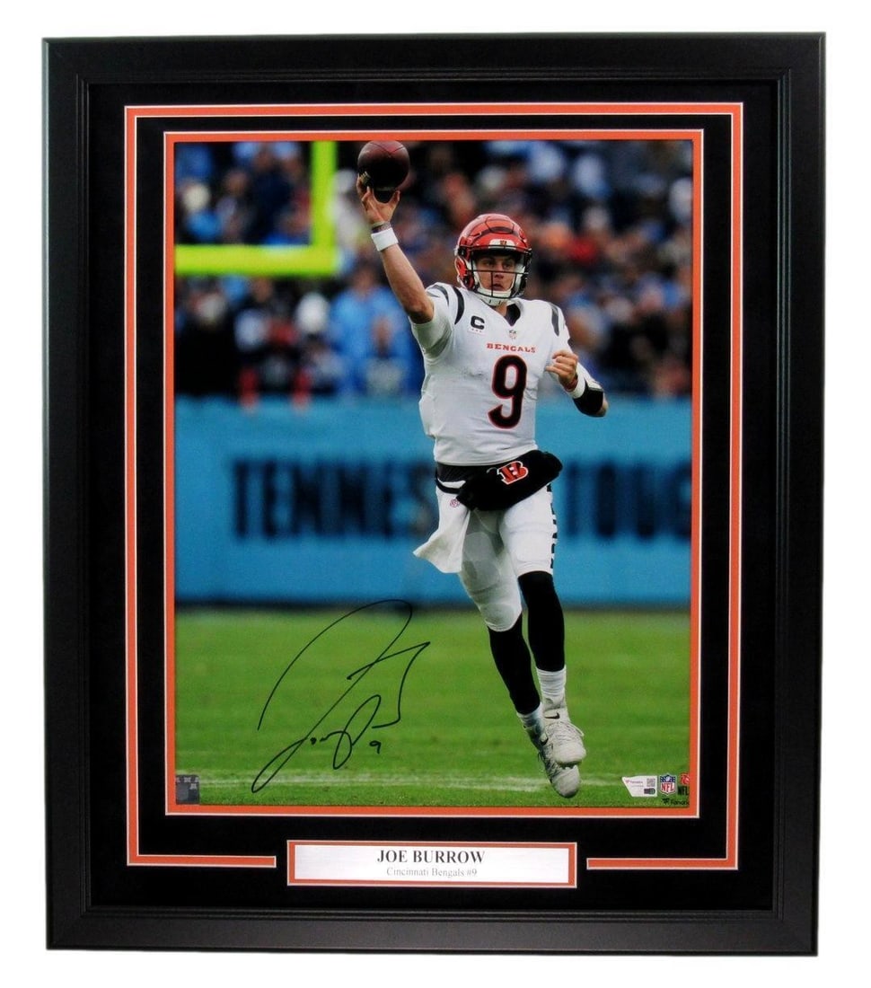 Framed Joe Burrow Signed Bengals 16x20 Photo Fanatics Authentic: Framed Joe Burrow Signed Bengals 16x20 Photo Fanatics Authentic This framed 16x20 photo features the autograph of Joe Burrow and represents the Cincinnati Bengals. The piece is authenticated by Fanati