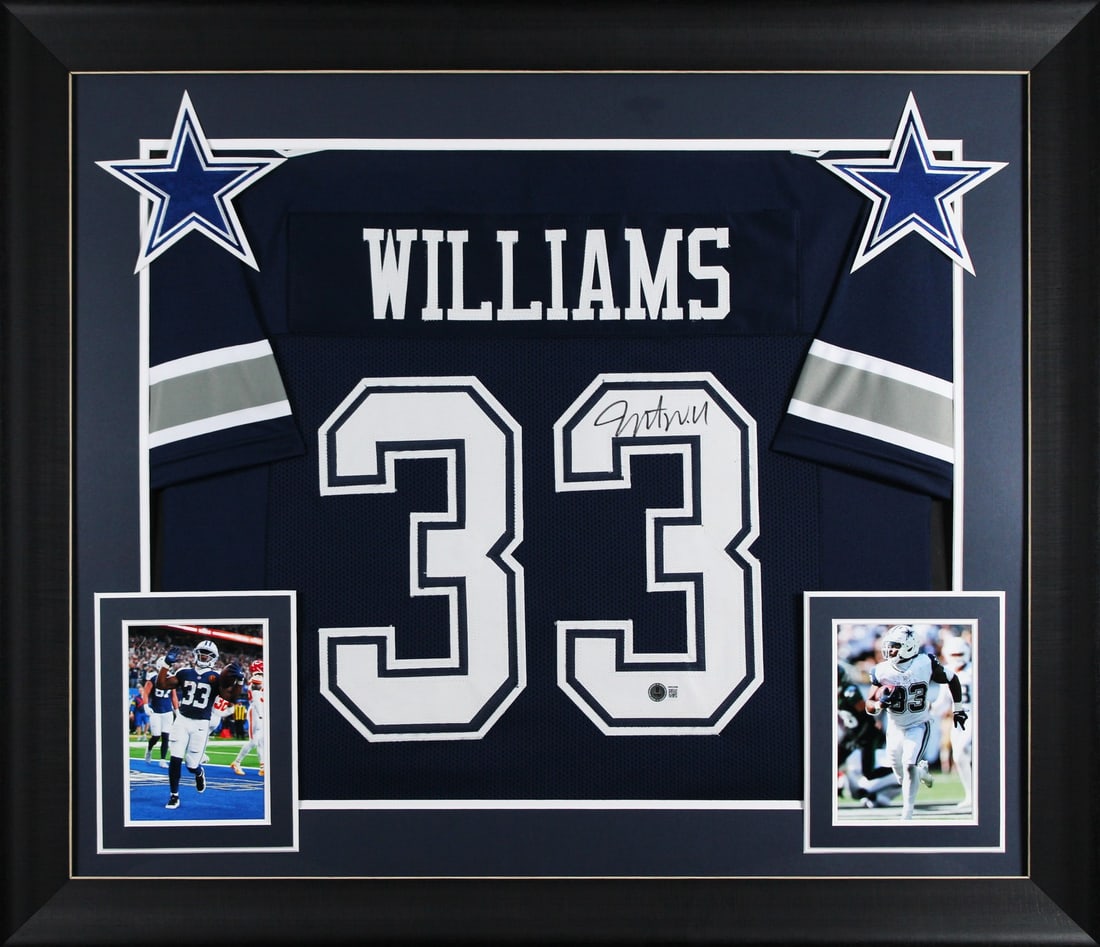 Framed Navy Signed Jersey Javonte Williams Beckett Witnessed Authentic: Framed Navy Signed Jersey Javonte Williams Beckett Witnessed Authentic This autographed navy pro style framed jersey has been personally signed by Javonte Williams of the Dallas Cowboys. It is an orig