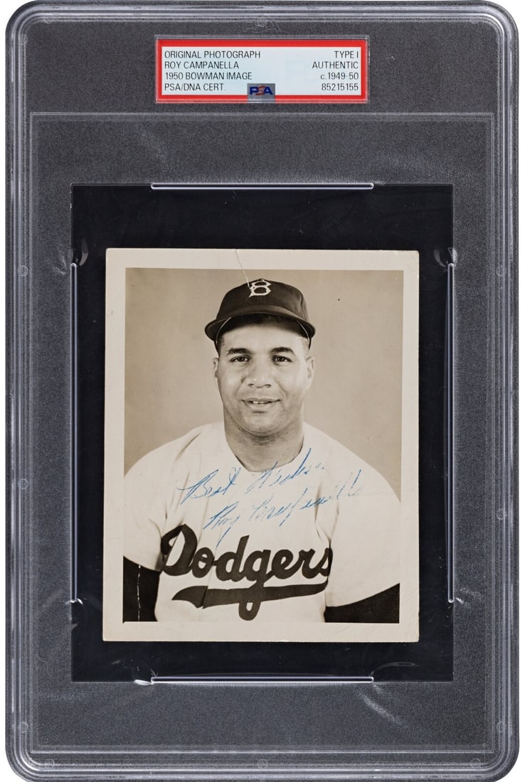 Roy Campanella Signed 4x5 Photo Used for 1950 Bowman Card PSA Type 1: Roy Campanella Signed 4x5 Photo Used for 1950 Bowman Card PSA Type 1 This original signed photograph features Roy Campanella, a legendary baseball player for the Brooklyn Dodgers. Authenticated by PSA