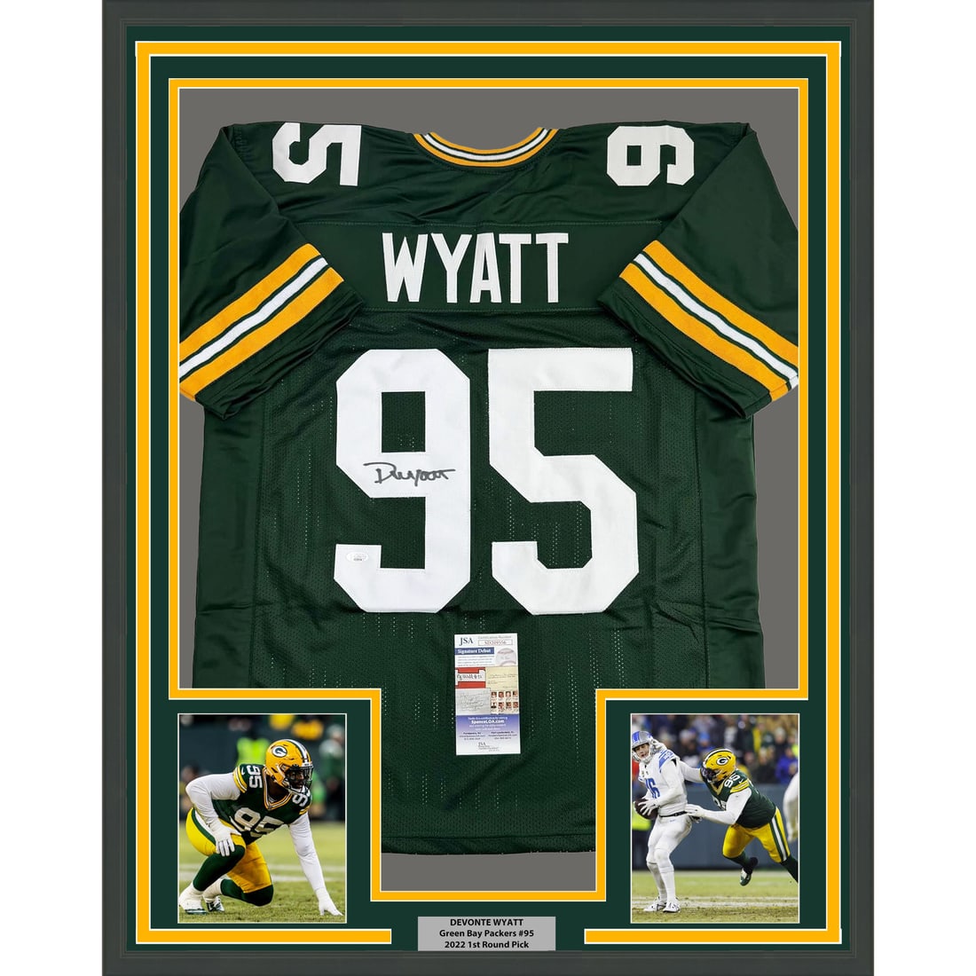 Devonte Wyatt Signed Packers Framed Green Jersey JSA COA 35x39: Devonte Wyatt Signed Packers Framed Green Jersey JSA COA 35x39 This professionally framed and matted display features a Green Bay Packers green jersey autographed by Devonte Wyatt. The piece includes 