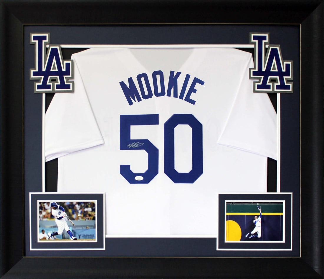 Mookie Betts Signed White Framed Dodgers Jersey Authenticated by JSA: Mookie Betts Signed White Framed Dodgers Jersey Authenticated by JSA This professionally framed white pro style jersey has been personally signed by Mookie Betts of the Los Angeles Dodgers. The autogr