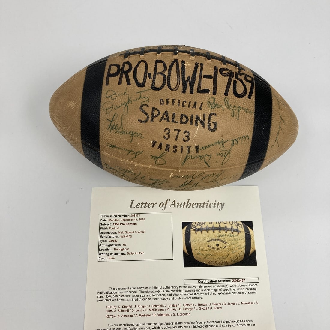 1959 NFL Pro Bowl Signed Football 50 Sigs JSA COA Johnny Unitas RARE: 1959 NFL Pro Bowl Signed Football 50 Sigs JSA COA Johnny Unitas RARE This remarkable 1959 NFL Pro Bowl Multi Signed Football features a total of 50 autographs from iconic players, including legends li