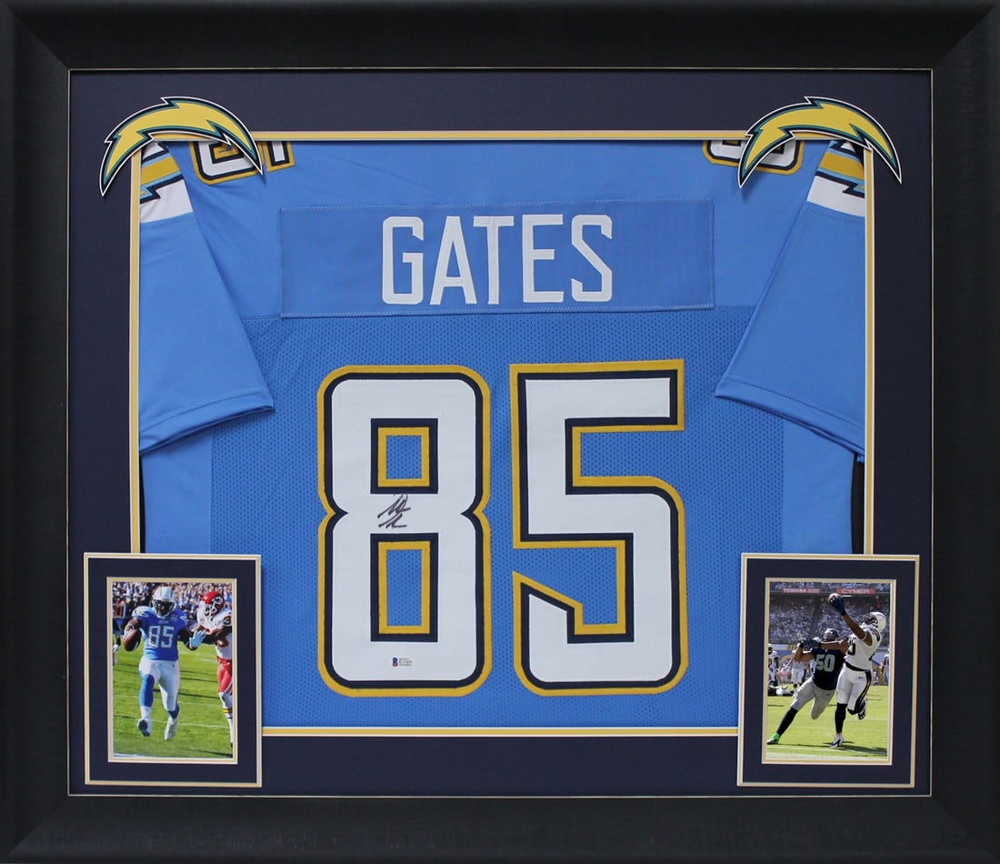 Antonio Gates Signed Framed Powder Blue Jersey BAS Witnessed San Diego Chargers: Antonio Gates Signed Framed Powder Blue Jersey BAS Witnessed San Diego Chargers This authentic autographed powder blue Pro Style framed jersey, featuring Antonio Gates of the San Diego Chargers, is a 