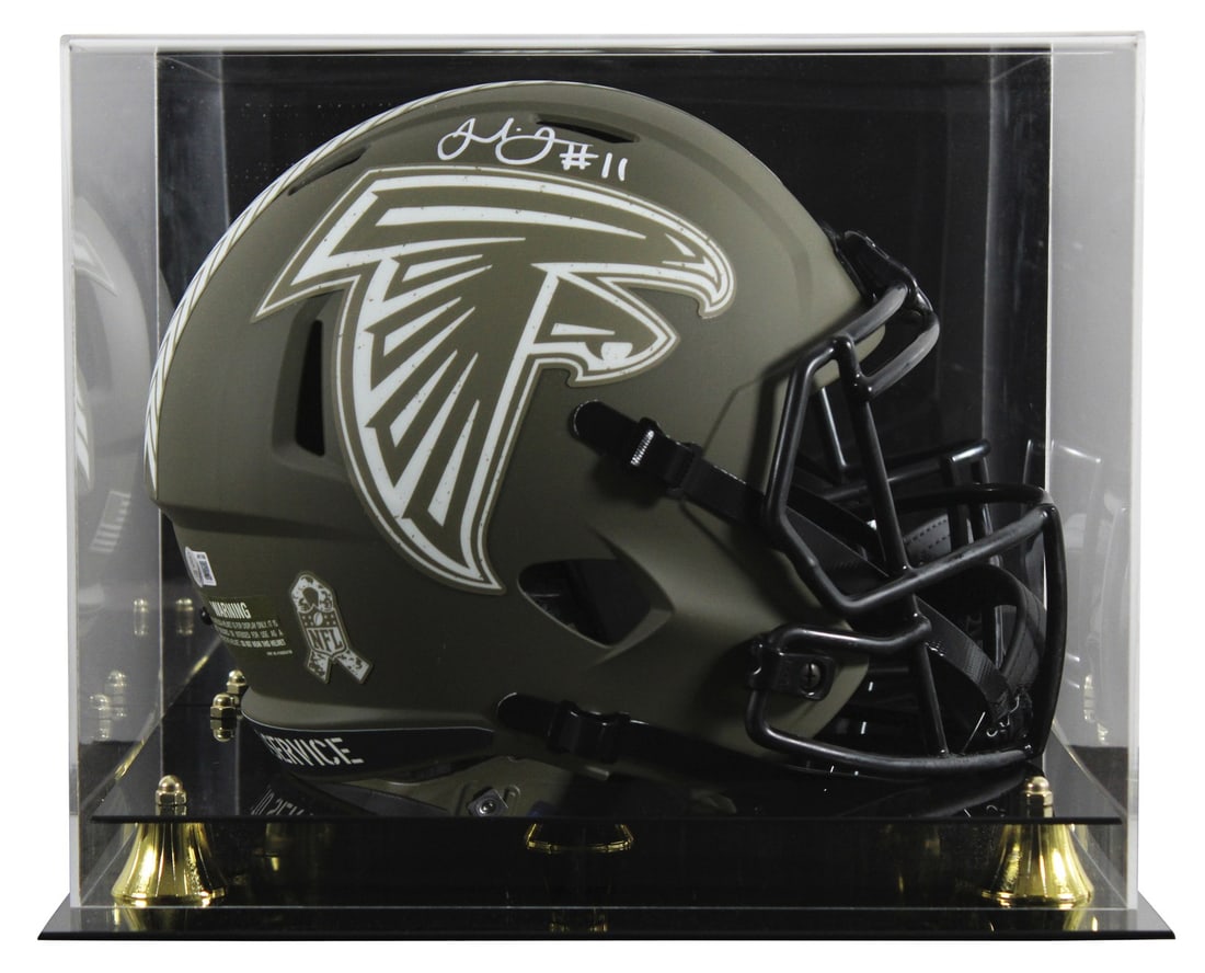 Julio Jones autographed Falcons Riddell Speed replica helmet with display case: Julio Jones autographed Falcons Riddell Speed replica helmet with display case This autographed Alternate 2022 Salute To Service Riddell full size Speed replica helmet has been personally signed by Ju