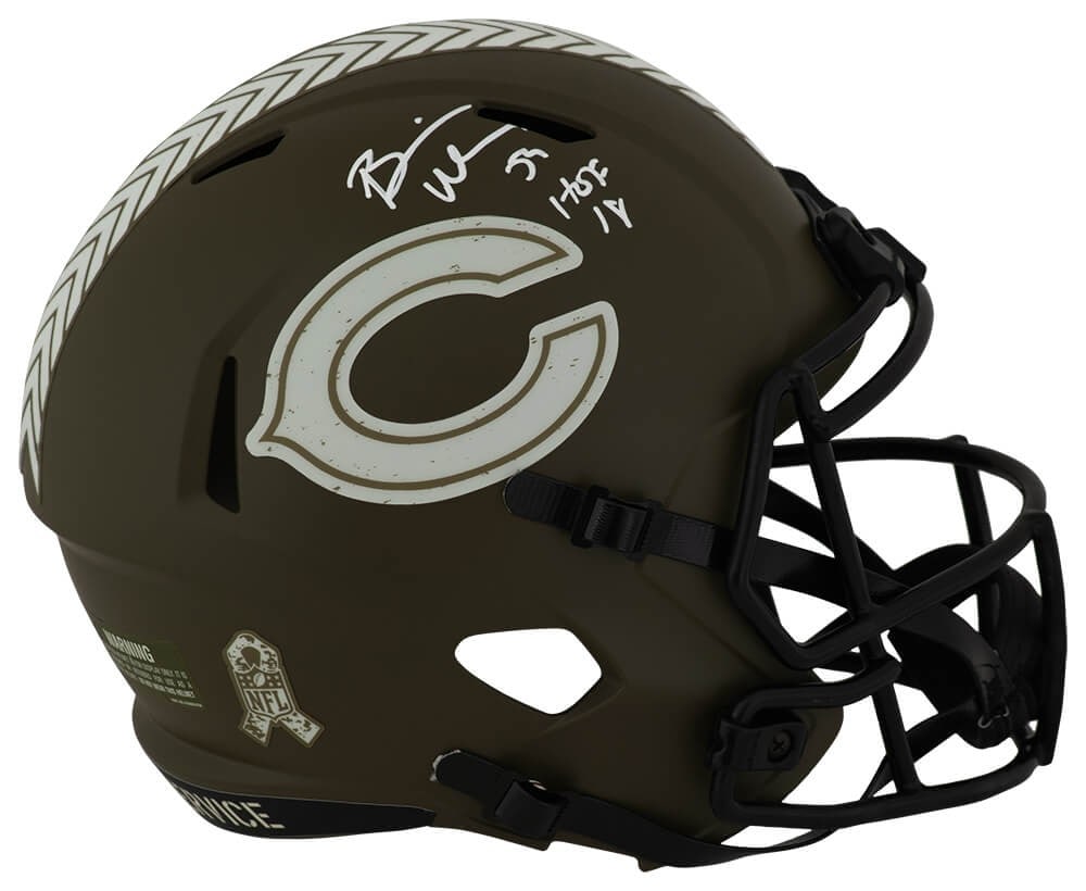 Chicago Bears Salute to Service Riddell Replica Helmet signed by Brian Urlacher HOF 18: Chicago Bears Salute to Service Riddell Replica Helmet signed by Brian Urlacher HOF 18 This Chicago Bears Salute to Service Riddell full size speed replica helmet is signed by Brian Urlacher and featu