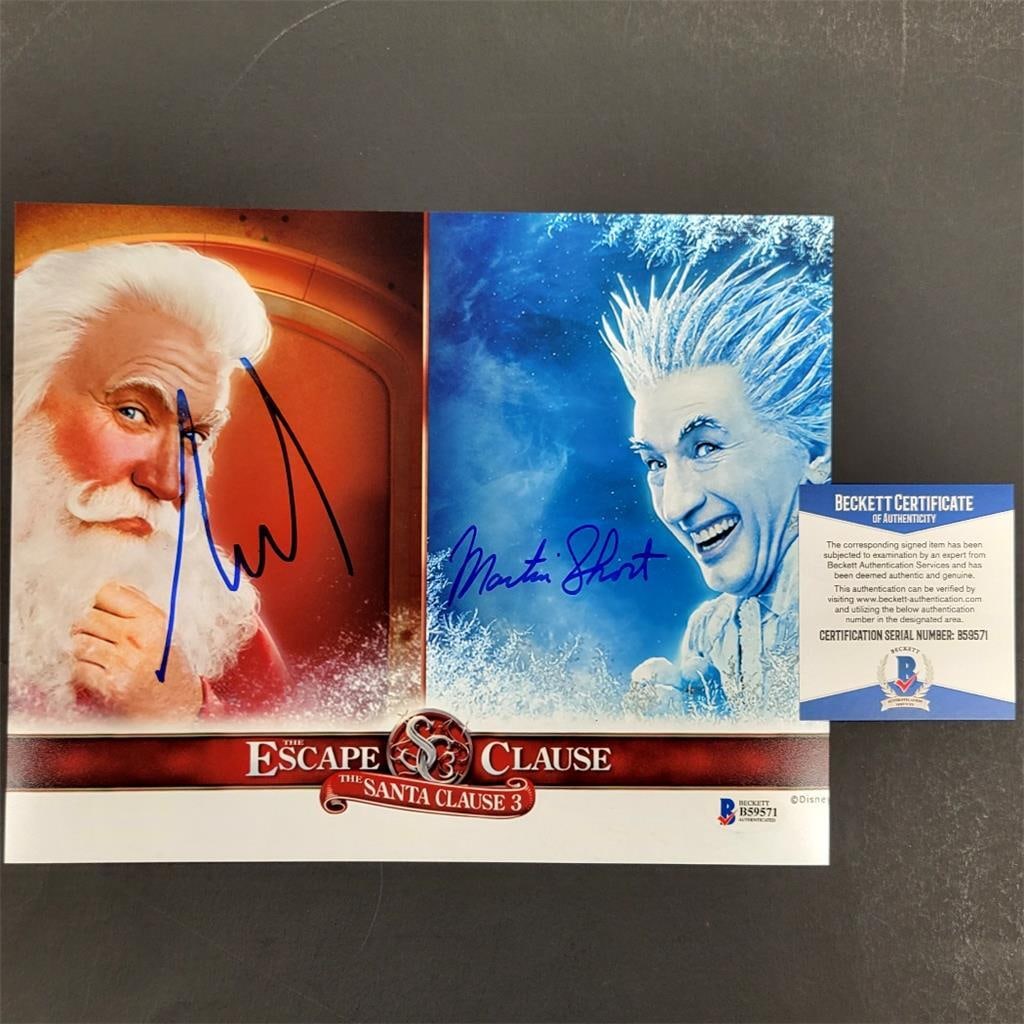Tim Allen Signed The Santa Clause 8x10 Photo with Beckett COA: Tim Allen Signed The Santa Clause 8x10 Photo with Beckett COA This 8x10 photograph features a dual signature from Tim Allen and Martin Short, celebrating their iconic roles in the beloved movie "The S