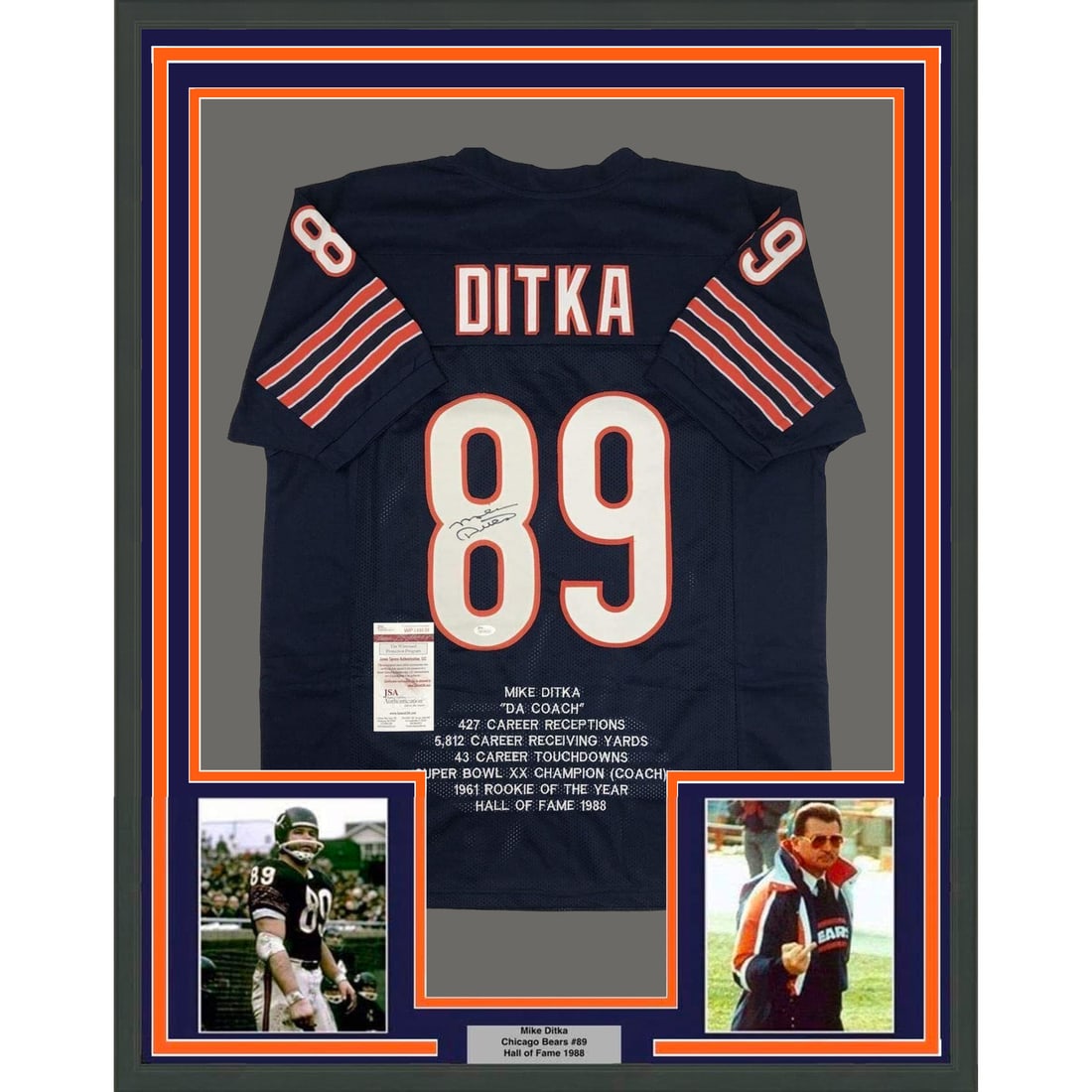 Mike Ditka Signed Chicago Blue Stat Jersey Framed 35x39 JSA Authenticated: Mike Ditka Signed Chicago Blue Stat Jersey Framed 35x39 JSA Authenticated This framed display features a Chicago Bears blue stat jersey autographed by Mike Ditka. The jersey is professionally framed a