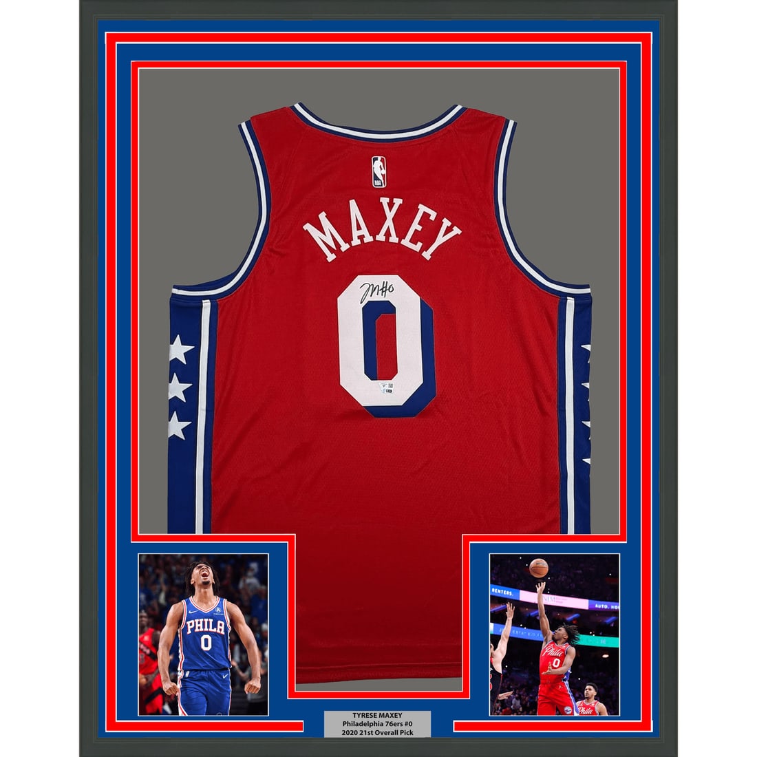 Tyrese Maxey signed framed Philadelphia 76ers jersey Fanatics Authentic: Tyrese Maxey signed framed Philadelphia 76ers jersey Fanatics Authentic Professionally framed and matted autographed Tyrese Maxey Philadelphia 76ers red jersey. This original signed basketball collect