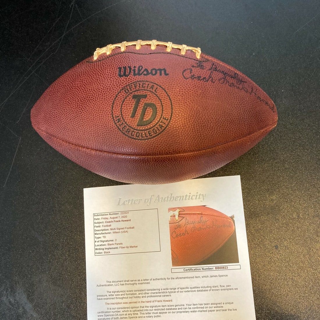 1960s Wilson Football Signed by Coach Frank Howard Clemson JSA COA: 1960s Wilson Football Signed by Coach Frank Howard Clemson JSA COA This is a rare original 1960's Wilson football signed by Coach Frank Howard of the Clemson Tigers. The ball comes with a Full Letter 