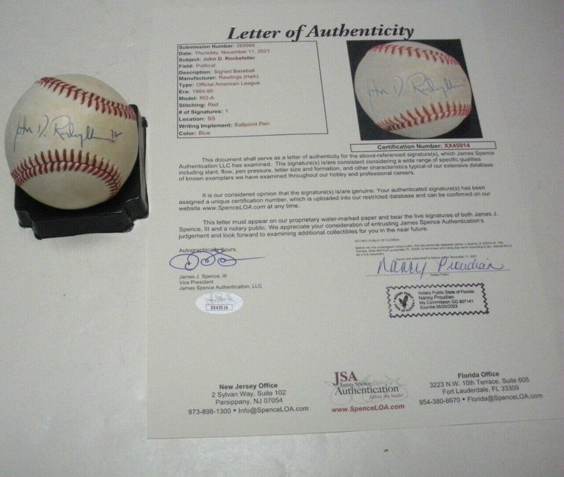 Signed MLB Baseball by Senator John D Rockefeller IV with JSA Full Letter COA (1 of 2)