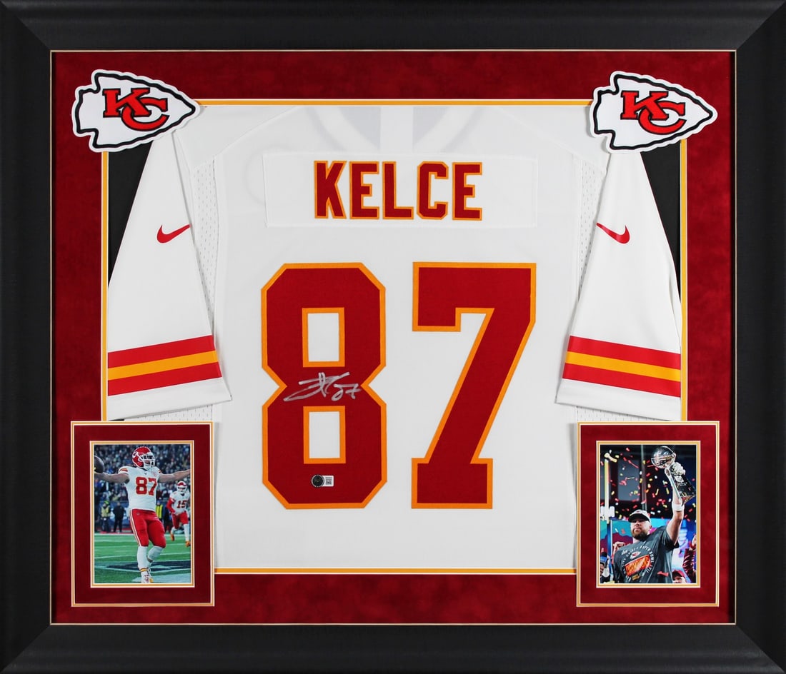 Travis Kelce Signed Kansas City Chiefs White Nike Limited Framed Jersey BAS Witnessed: Travis Kelce Signed Kansas City Chiefs White Nike Limited Framed Jersey BAS Witnessed Celebrate your admiration for Travis Kelce with this autographed White Nike Limited Framed Jersey. Personally sign