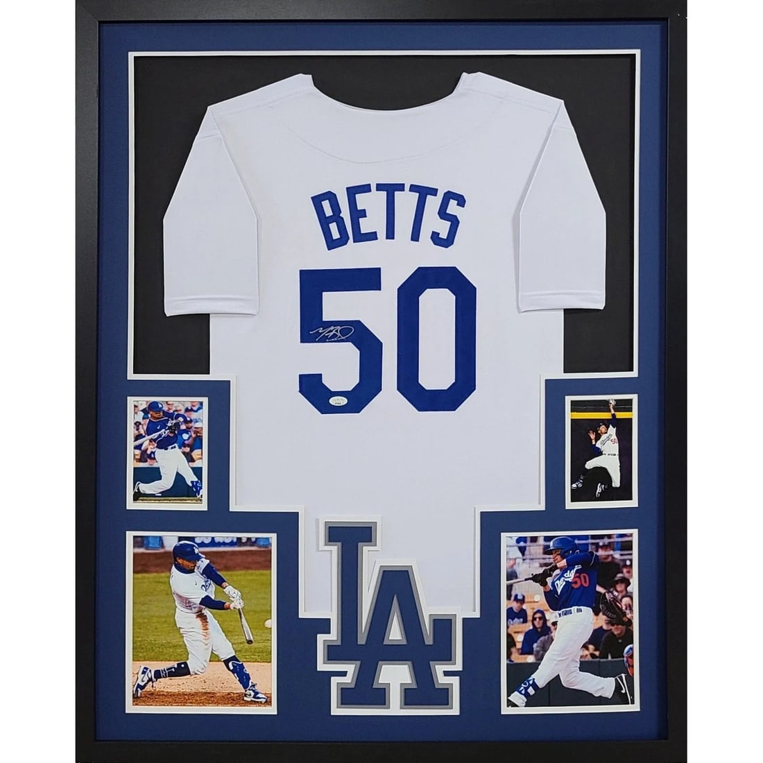 Framed Autographed Mookie Betts Jersey with JSA Authentication Dodgers: Framed Autographed Mookie Betts Jersey with JSA Authentication Dodgers This framed jersey features an authentic autograph by Mookie Betts of the L.A. Dodgers. The jersey is professionally framed with 