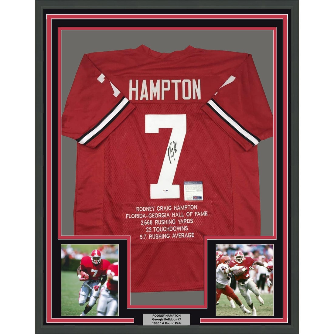 Rodney Hampton Signed Georgia Bulldogs Jersey in 35x39 Frame PSA Authenticated: Rodney Hampton Signed Georgia Bulldogs Jersey in 35x39 Frame PSA Authenticated This professionally framed and matted Georgia Bulldogs red stat jersey features the authentic signature of Rodney Hampton