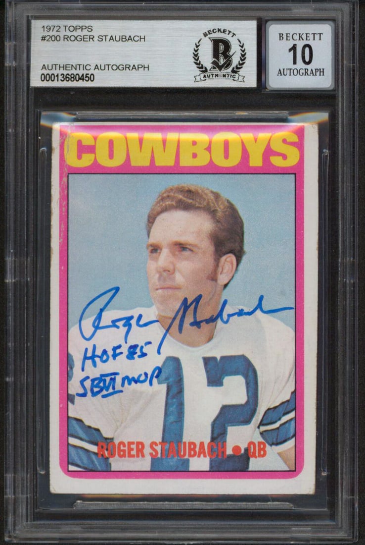 Roger Staubach Signed 1972 Topps Rookie Card Beckett 10 With HOF 85 SB VI MVP Inscription (1 of 2)