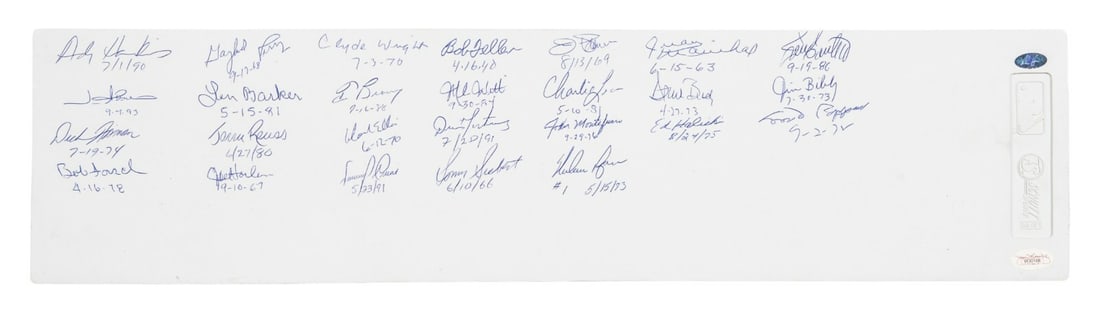 Nolan Ryan Multi Signed No Hitter Pitching Rubber with 25 Signatures JSA: Nolan Ryan Multi Signed No Hitter Pitching Rubber with 25 Signatures JSA Celebrate an incredible milestone in baseball history with this unique Schutt Sports pitching rubber, signed by 25 legendary pi