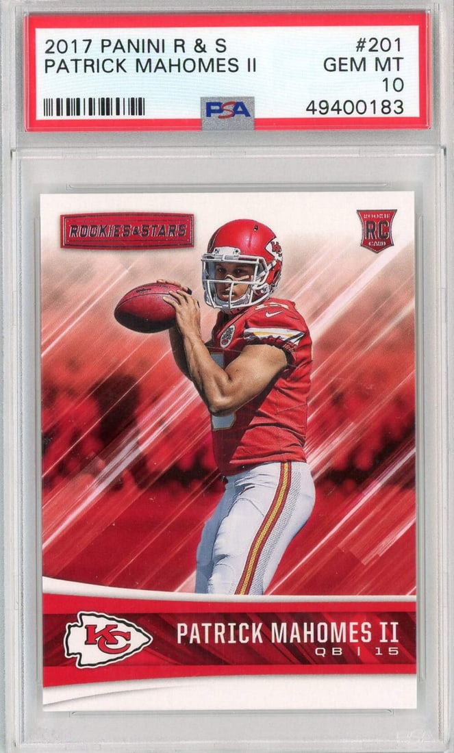 2017 Panini R&S Patrick Mahomes II #201 RC Card PSA 10 Gem Mint: 2017 Panini R&S Patrick Mahomes II #201 RC Card PSA 10 Gem Mint This is a graded 2017 Panini R&S Patrick Mahomes II #201 rookie card, achieving a PSA 10 Gem Mint status. The card is encapsulated and g