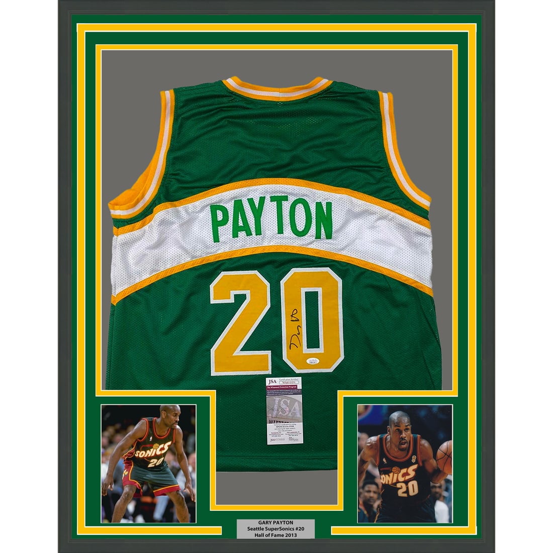 Gary Payton Signed Seattle SuperSonics Framed Green Jersey JSA COA (1 of 2)