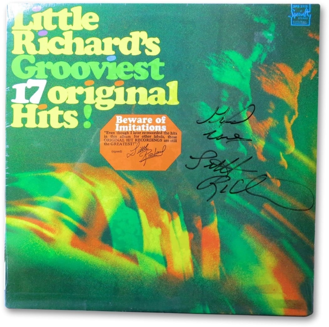 Little Richard Grooviest Hits Signed Album Cover JSA Authenticated: Little Richard Grooviest Hits Signed Album Cover JSA Authenticated This is a pre-owned record album cover featuring the iconic Little Richard, known for his electrifying performances and soulful music