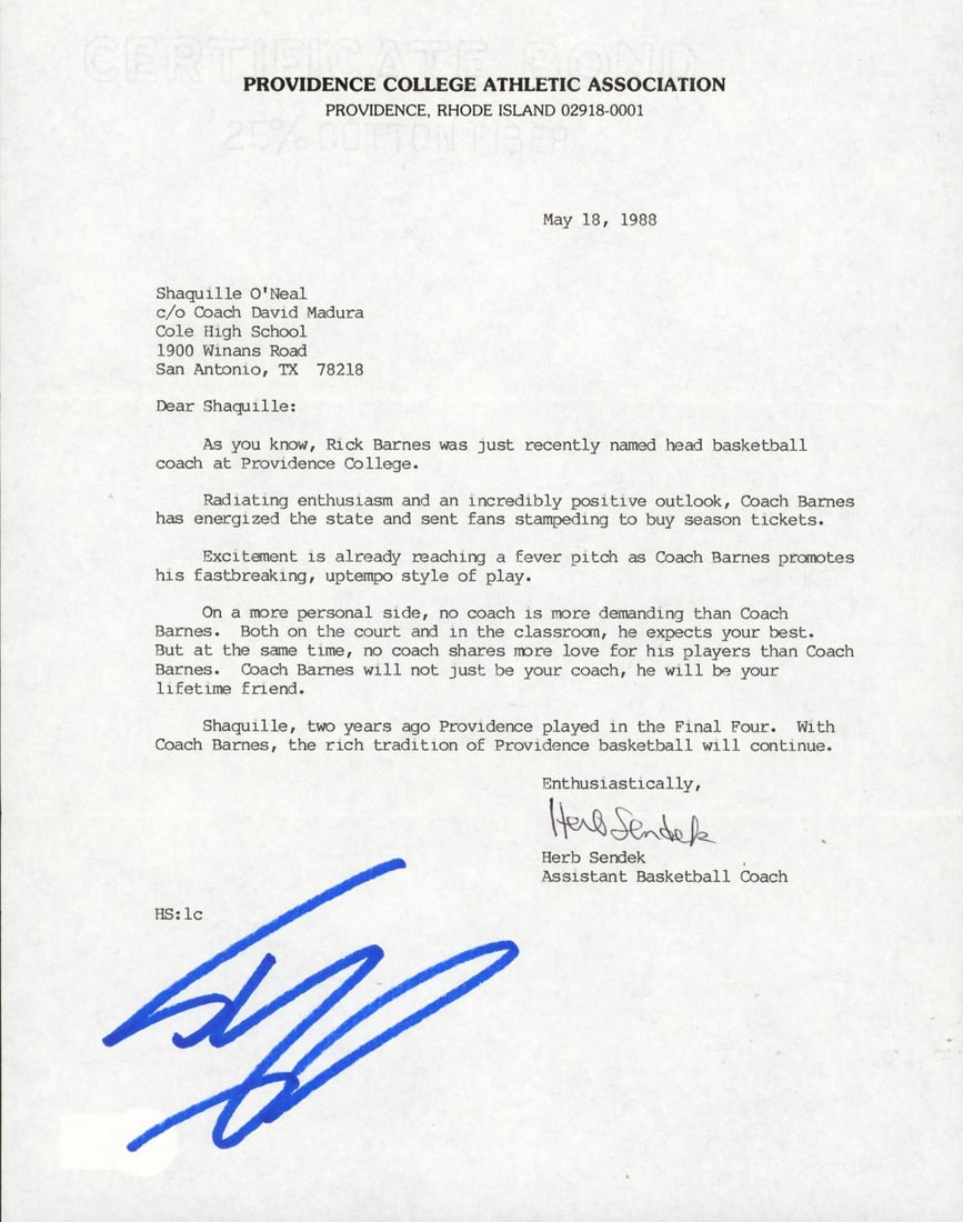 Herb Sendek Shaquille O'Neal Signed 1988 Recruitment Letter Beckett Authenticated (1 of 4)