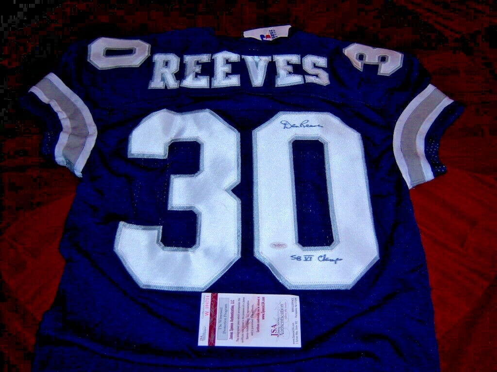Dan Reeves Autographed Dallas Cowboys Russell Jersey With JSA COA: Dan Reeves Autographed Dallas Cowboys Russell Jersey With JSA COA This is an official licensed Russell jersey signed by Dan Reeves of the Dallas Cowboys. The jersey is an original item and comes with 