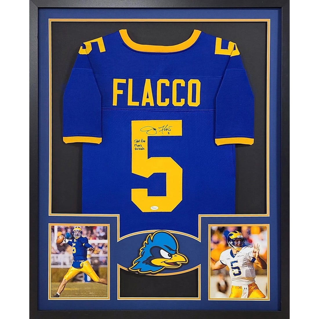 Framed Joe Flacco Autographed Jersey with JSA Authentication: Framed Joe Flacco Autographed Jersey with JSA Authentication This is a framed jersey autographed by Joe Flacco, authenticated by JSA. The display features a UV-protected acrylic cover and showcases de