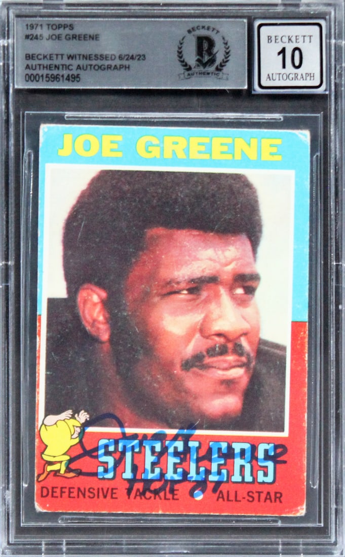 Joe Greene Signed 1971 Topps #245 Rookie Card Gem Mint 10 BAS: Joe Greene Signed 1971 Topps #245 Rookie Card Gem Mint 10 BAS This is a remarkable autographed 1971 Topps #245 rookie card featuring Joe Greene, a legendary player for the Pittsburgh Steelers. The car