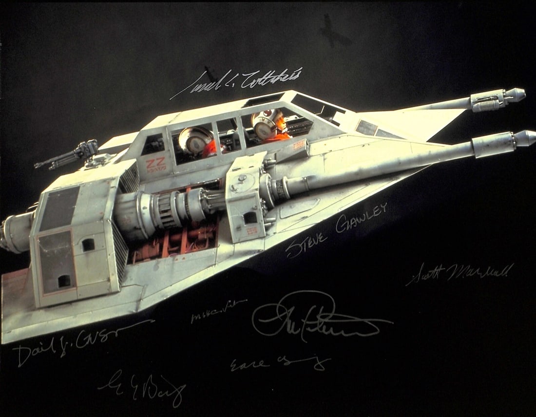 11x14 Star Wars ESB Rebel Snow Speeder Photo Signed by 8 ILM Crew Beckett Authenticated: 11x14 Star Wars ESB Rebel Snow Speeder Photo Signed by 8 ILM Crew Beckett Authenticated This is an original 11x14 inch photograph from Star Wars: The Empire Strikes Back, featuring the Rebel Snow Spee