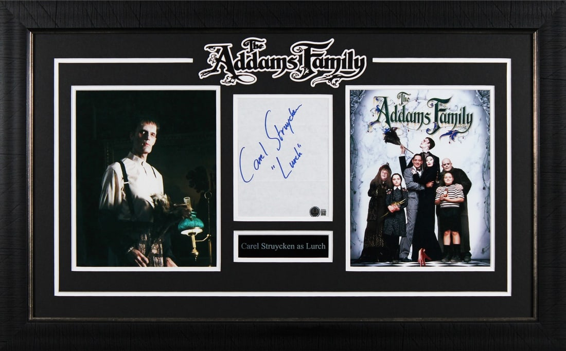 Carel Struycken Lurch Signed Framed Display The Addams Family BAS: Carel Struycken Lurch Signed Framed Display The Addams Family BAS This is a stunning framed display featuring a cut signature from Carel Struycken, famously known for his role as "Lurch" in The Addams