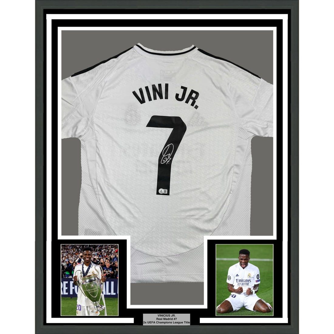 Signed Vini Vinicius Jr Real Madrid Framed Jersey 35x39 BAS COA: Signed Vini Vinicius Jr Real Madrid Framed Jersey 35x39 BAS COA This framed Real Madrid jersey features the autographed signature of Vinicius Jr., number 7. The jersey is professionally framed and mat