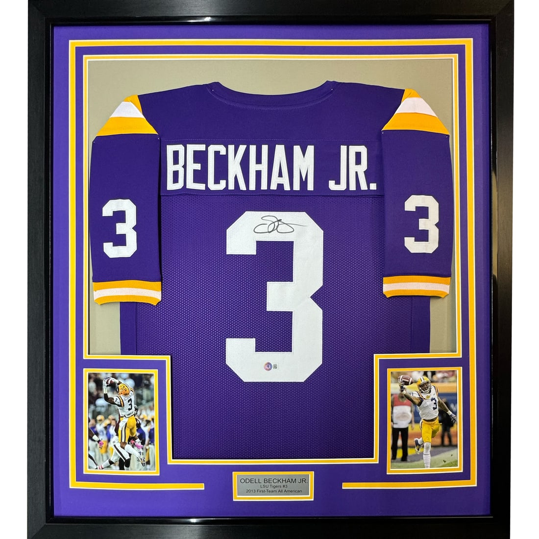 Framed Signed Odell Beckham Jr. LSU College Jersey with JSA COA: Framed Signed Odell Beckham Jr. LSU College Jersey with JSA COA This professionally framed and autographed Odell Beckham Jr. purple college jersey is a must-have for any LSU Tigers fan. The jersey is 