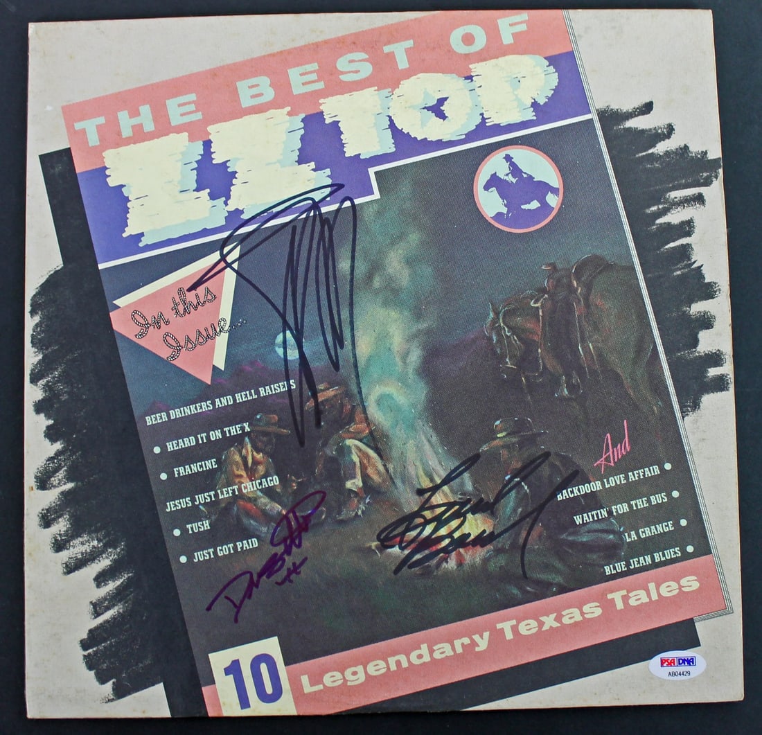 Autographed ZZ Top Album Cover With Vinyl PSA DNA COA: Autographed ZZ Top Album Cover With Vinyl PSA DNA COA This is a remarkable signed album cover featuring the legendary rock band ZZ Top, comprising members Billy Gibbons, Dusty Hill, and Frank Beard. T