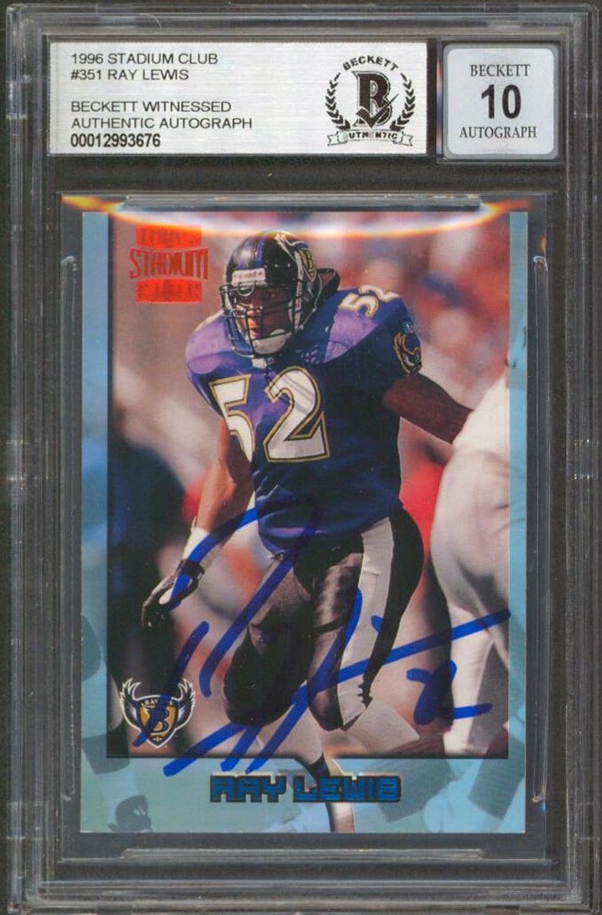 Ray Lewis Autographed 1996 Stadium Club Rookie Card Gem Mint 10 BAS Slabbed: Ray Lewis Autographed 1996 Stadium Club Rookie Card Gem Mint 10 BAS Slabbed This officially licensed 1996 Stadium Club #351 Rookie Card features a gem mint 10 autograph by Ray Lewis, the legendary lin